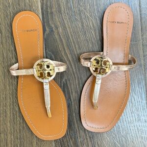 Tory Burch Rose Gold Logo Thong Sandals with Tan Footbed